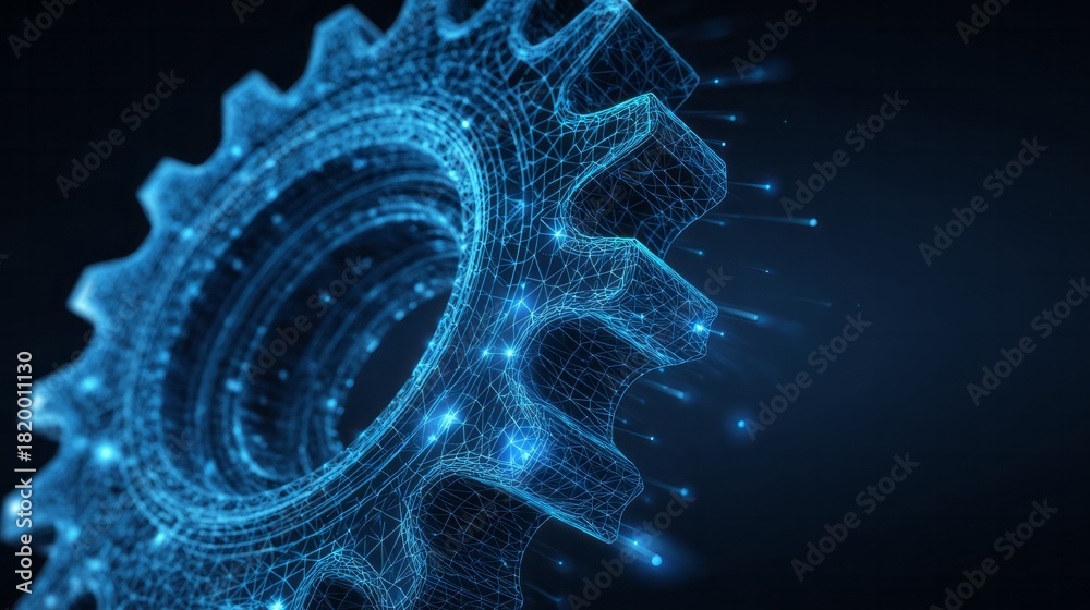 Naklejka premium Glowing digital gear mechanism appears as a complex wireframe structure against a dark background
