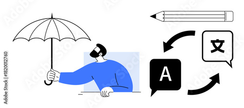 Man holding umbrella with pencil and translation icons. Arrows connecting languages suggest communication. Ideal for education, creativity, translation, globalization, security, protection, teamwork