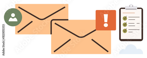 Two overlapping envelopes, profile icon, alert symbol, checklist with checked items, and small cloud. Ideal for communication, notification, organization, productivity task management
