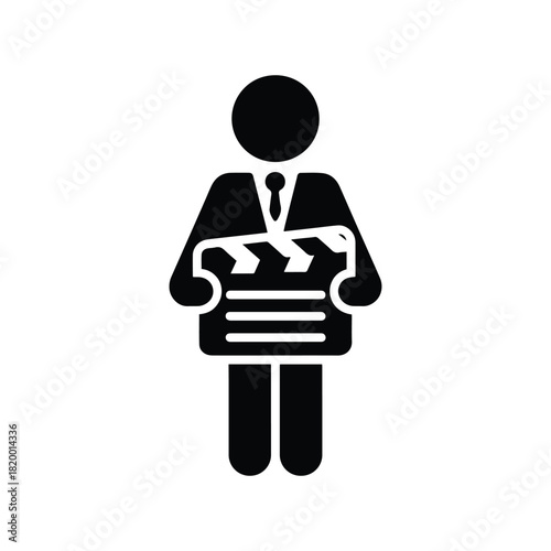 Minimalist vector icon of a person or filmmaker holding a classic movie clapperboard. The design features clean lines and is perfect for topics related to cinema, film production, video directing.