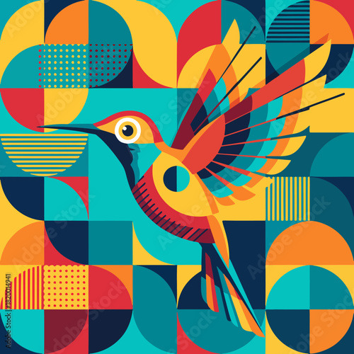 Exotic bird with beautiful feathers with dynamic and minimalist design lines reflecting elegant luxury in geometric smooth shapes and layered