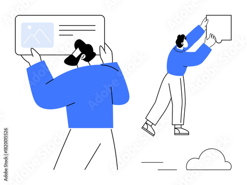 Creative collaboration concept. Modern teamwork with characters adjusting and placing design elements. Collaboration enhancing workflow and creative results. Perfect for teamwork, workplace visuals