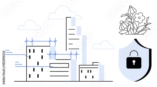 Skyscrapers under construction alongside blooming flowers and a security shield. Ideal for urban planning, sustainability, technology, growth, nature, innovation, safety themes. Simple flat metaphor