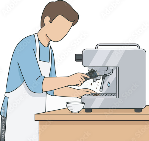 A barista prepares coffee, cleaning the portafilter and operating the espresso machine.