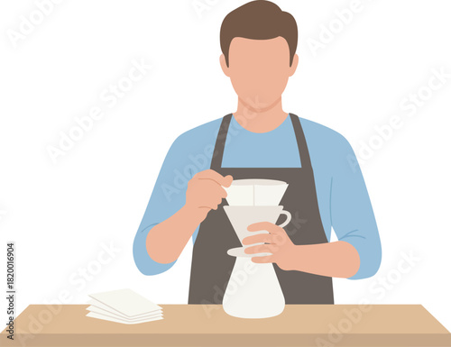 Man preparing pour-over coffee by placing a filter in the dripper on top of a glass carafe.