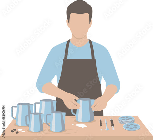 A barista in an apron preparing coffee with multiple milk frothing pitchers and tools on a wooden counter.