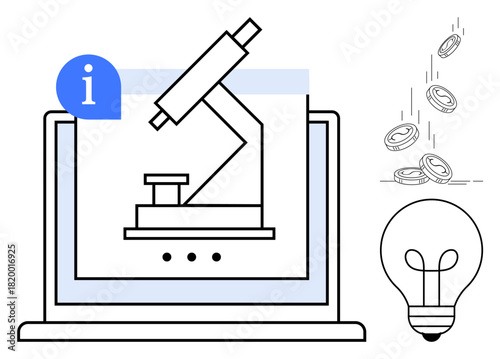 Free Download Microscope on a laptop screen, info symbol, falling coins, light bulb. Ideal for research, innovation, finance, technology science education creativity. Perfect simple flat metaphor - GFXLoad