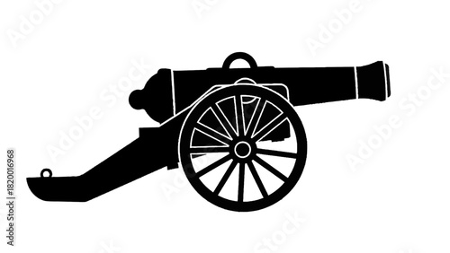 Vector illustration of black silhouette icon of an antique military cannon on wheels isolated on transparent background