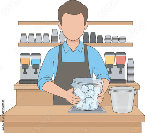 Person in apron holding a container full of ice cubes behind a counter.