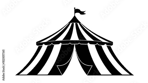 Vector illustration of black and white silhouette icon of a classic circus tent with striped canvas isolated on transparent background