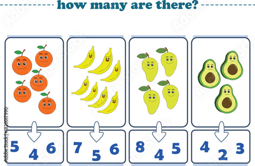 Counting game of fruits for preschool kids. Printable. Vector Illustration