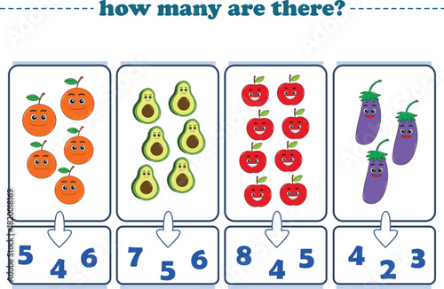 Counting game of fruits for preschool kids. Printable. Vector Illustration
