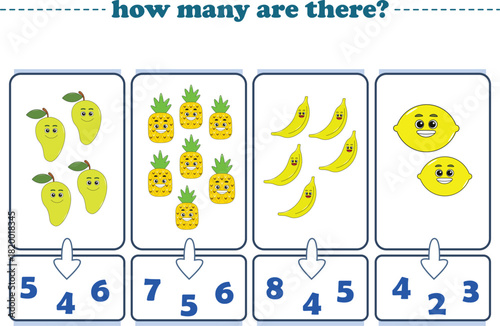 Counting game of fruits for preschool kids. Printable. Vector Illustration