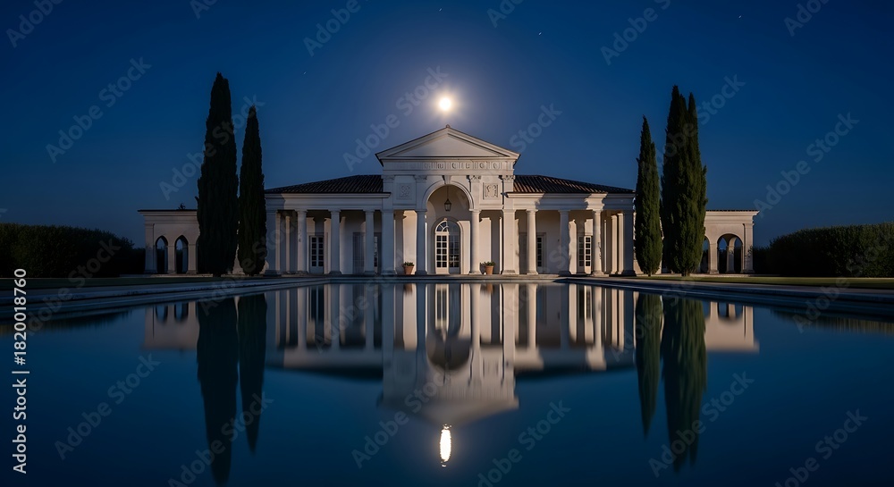 Obraz premium Serene nocturnal view of a classical villa and its pool reflection