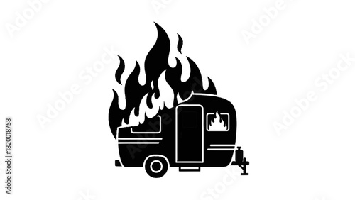 Vector illustration of black and white icon silhouette of a travel trailer or caravan engulfed in flames, isolated on transparent background