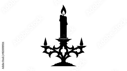 Vector illustration of black silhouette of a gothic candelabra with three burning candle flame isolated on transparent background