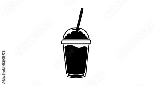 Vector illustration of black and white icon of a frozen blended beverage in a plastic cup with a dome lid and straw isolated on transparent background