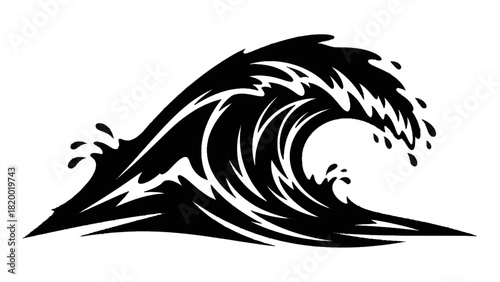 Vector illustration of stylized black and white graphic illustration of a large ocean wave cresting and breaking isolated on transparent background