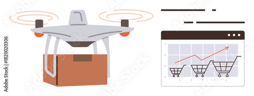 Flying quadcopter carrying a package and a chart showing rising e-commerce trends. Ideal for delivery, logistics, retail, online shopping, business growth, technology, innovation. Simple flat