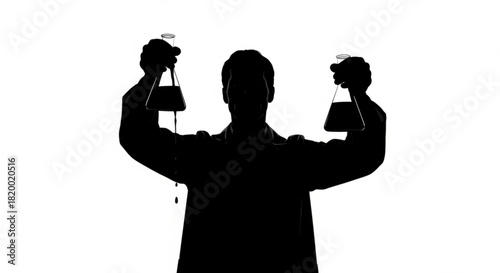 Silhouette of scientist holding two beakers with liquid and one beaker is spilling the liquid