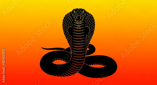 Black cobra with hood extended on an orange and yellow gradient background in a striking illustration