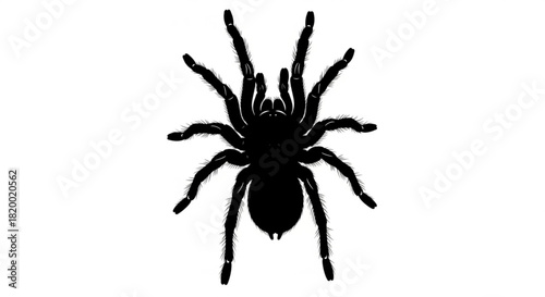 Silhouette of a tarantula spider with eight legs and hairy body on a plain white background view from above