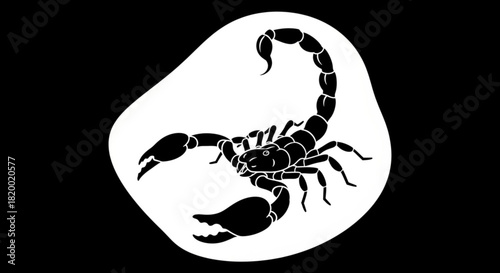 Illustration of a stylized black scorpion with claws and segmented tail on a white background shape