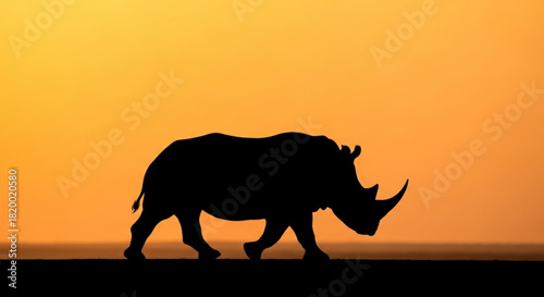 Silhouette of a rhino walking across the plains at sunset with a bright orange sky in the background