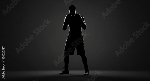 Silhouette of a boxer in fighting stance wearing boxing gloves against a dark gradient background image