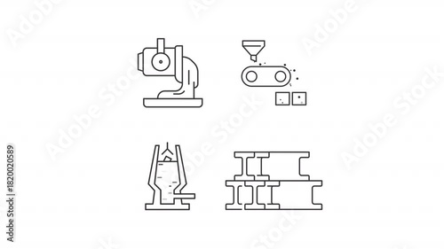 Animated steelmaking process line icons. Refining iron ore to fabricate metal animation set. Modern heavy industry. Metallurgy. Outline elements on white background. HD video with alpha channel