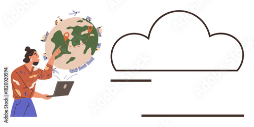 Person interacts with a world map featuring travel routes, navigation points, and cloud storage concept. Ideal for global communication, cloud computing, travel, technology, innovation, digital