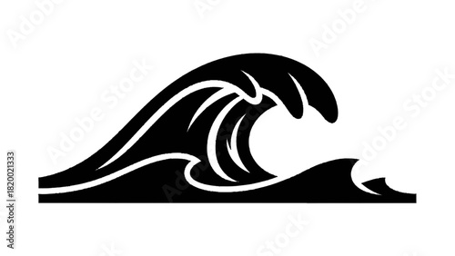 Vector illustration of stylized black and white graphic icon representing a cresting ocean wave isolated on transparent background
