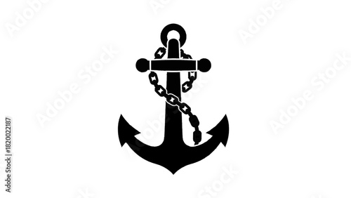 Vector illustration of black silhouette of a classic ship anchor with a chain wrapped around the stock, isolated on transparent background