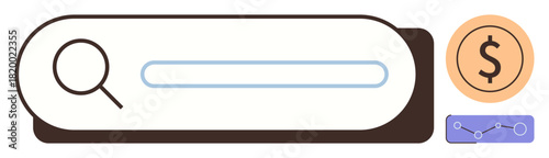 Search bar paired with a magnifying glass, dollar symbol, and trend analytics chart. Ideal for data search, online business, market analysis, digital marketing, investment profits growth. Simple