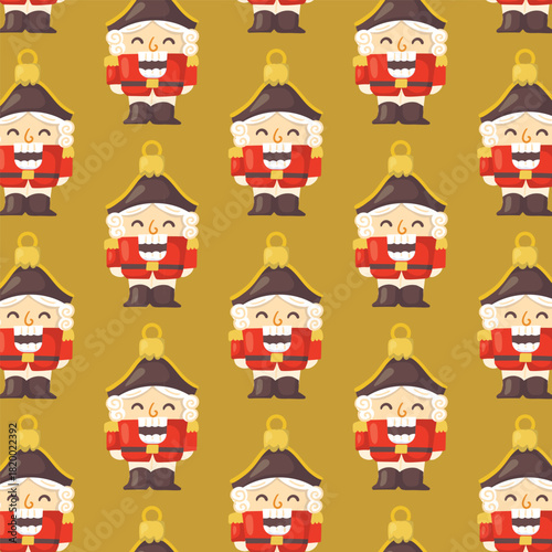Vector seamless pattern with cute Nutcracker characters on golden background. Holiday illustration for gift wrap, greeting cards, or New Year decoration projects.