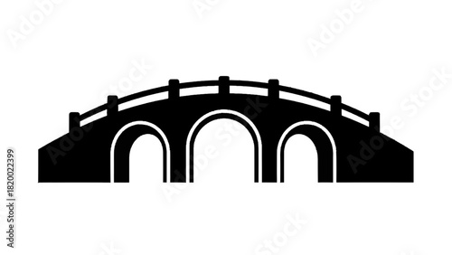 Vector illustration of black silhouette icon of an arched stone bridge with three openings, isolated on transparent background
