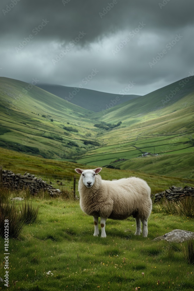 Fototapeta premium Fluffy Irish sheep graze on lush green hills bordered by low stone fences under a dramatic cloudy sky.