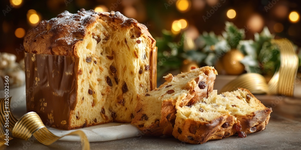 Obraz premium Tall panettone loaf sliced open to show airy texture and raisins inside, surrounded by festive ribbons and warm Christmas lights. Traditional in Italy and Switzerland.