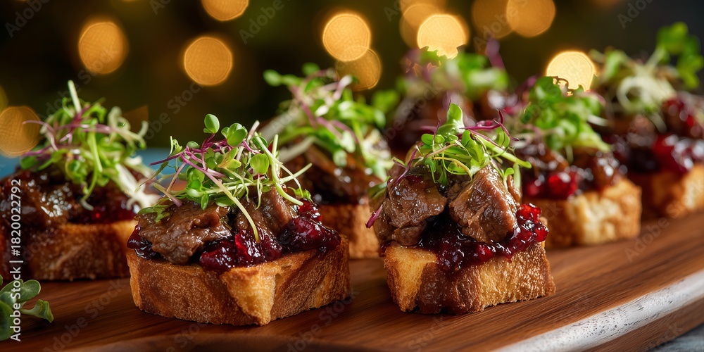 Obraz premium Beef roast canapes arranged on a wooden board are topped with cranberry glaze and microgreens. Warm holiday bokeh adds a festive Christmas feel.