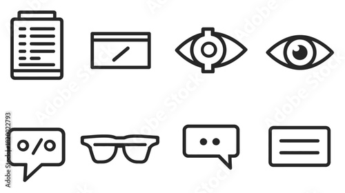 Modern UI UX Line Icons Set for Web and App Design. Includes Document, Screen, View, Hide, Chat, Glasses, Percent Symbols.