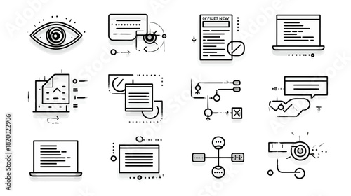 Digital technology, data security, programming, and IT process line icons. Web development, cybersecurity, and analytics vector set.