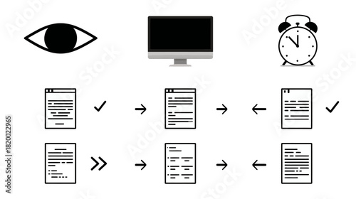 Digital workflow process illustration with document management, task monitoring, and time tracking icons. Business productivity concept.