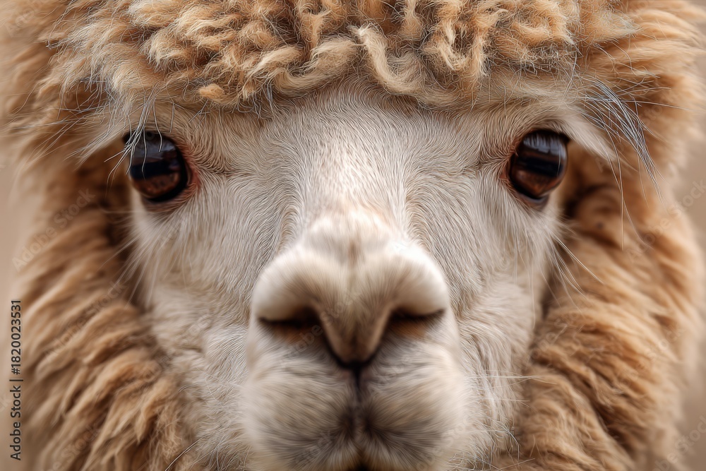 Obraz premium Close-up of alpaca with fluffy hair and gentle expression.