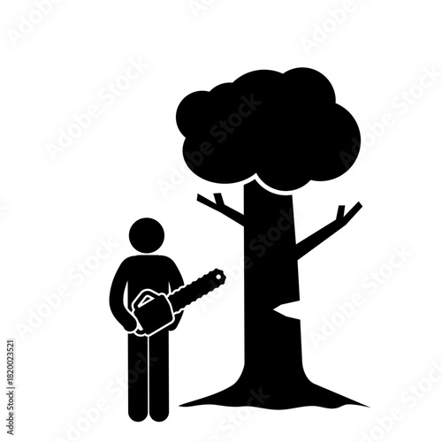 Tree cutting illustration using a chainsaw by a lumberjack.