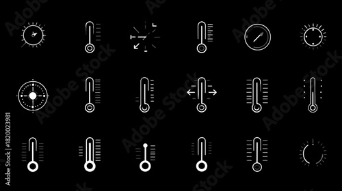 Set of white outline weather and temperature icons on a black background. Climate control, forecast, and measurement UI elements.