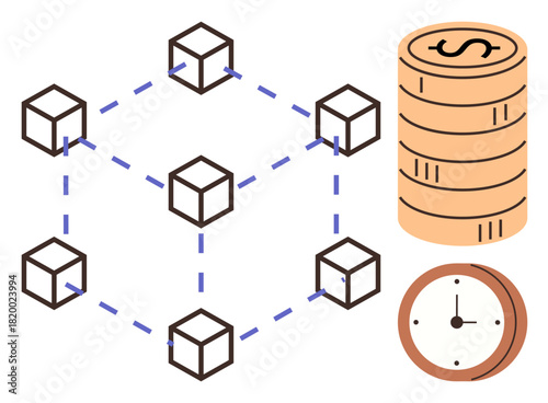 Interconnected cubes in a network, coin stack, and clock representing blockchain, cryptocurrency, security, time efficiency, innovation, decentralization and modern finance. Ideal for technology