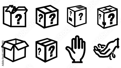 Mystery boxes with question marks and various hand gestures vector icons set. Unknown package delivery and surprise concept.