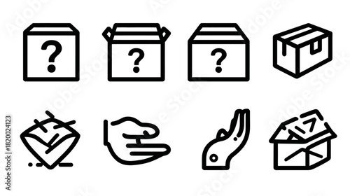 Mystery box, surprise package, delivery, and hand line icons. Unknown gift, shipping, unboxing, and damaged parcel vector set.