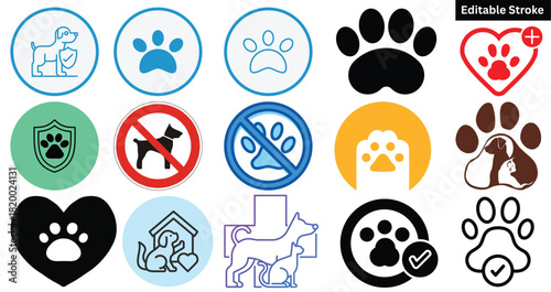 Pet Care and Paw Print Vector Icon Set with Editable Stroke – Dog Symbols, Veterinary Logos, Pet Protection Badges, No Pets Signs and Animal Clinic Graphics Collection.
