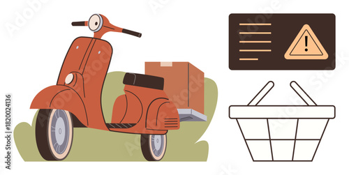 Bright orange scooter carrying package, caution symbol with alert text, and shopping basket. Ideal for delivery, logistics, e-commerce, transportation, safety retail and business. Simple flat